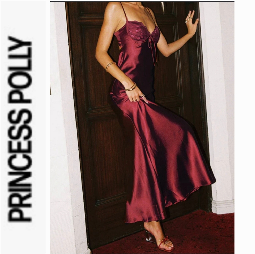 Princess Polly Burgundy Satin Maxi Slip Dress